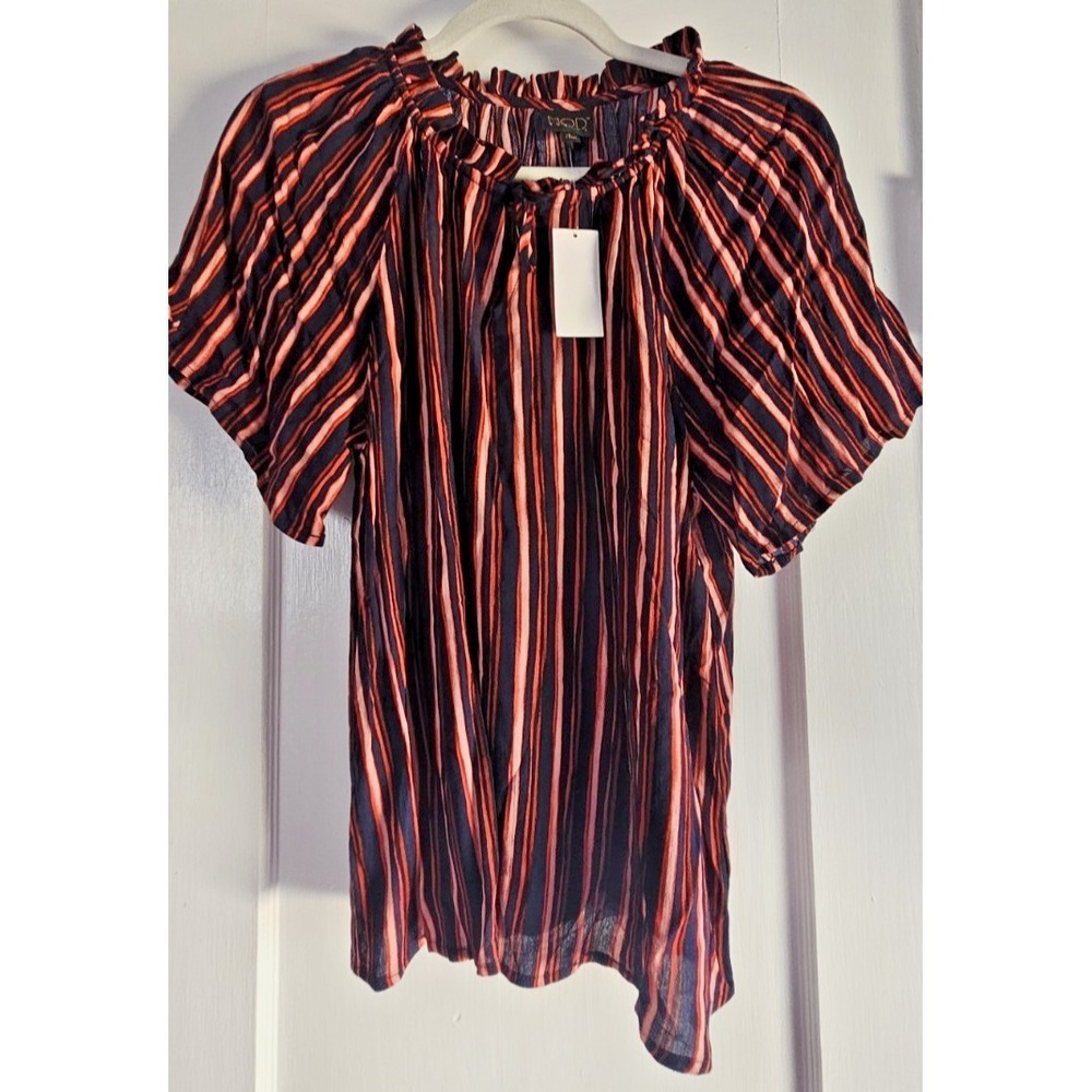 NWT MOD LUSIVE‎ womans S black red pink striped ruffle neck w/tie  blouse